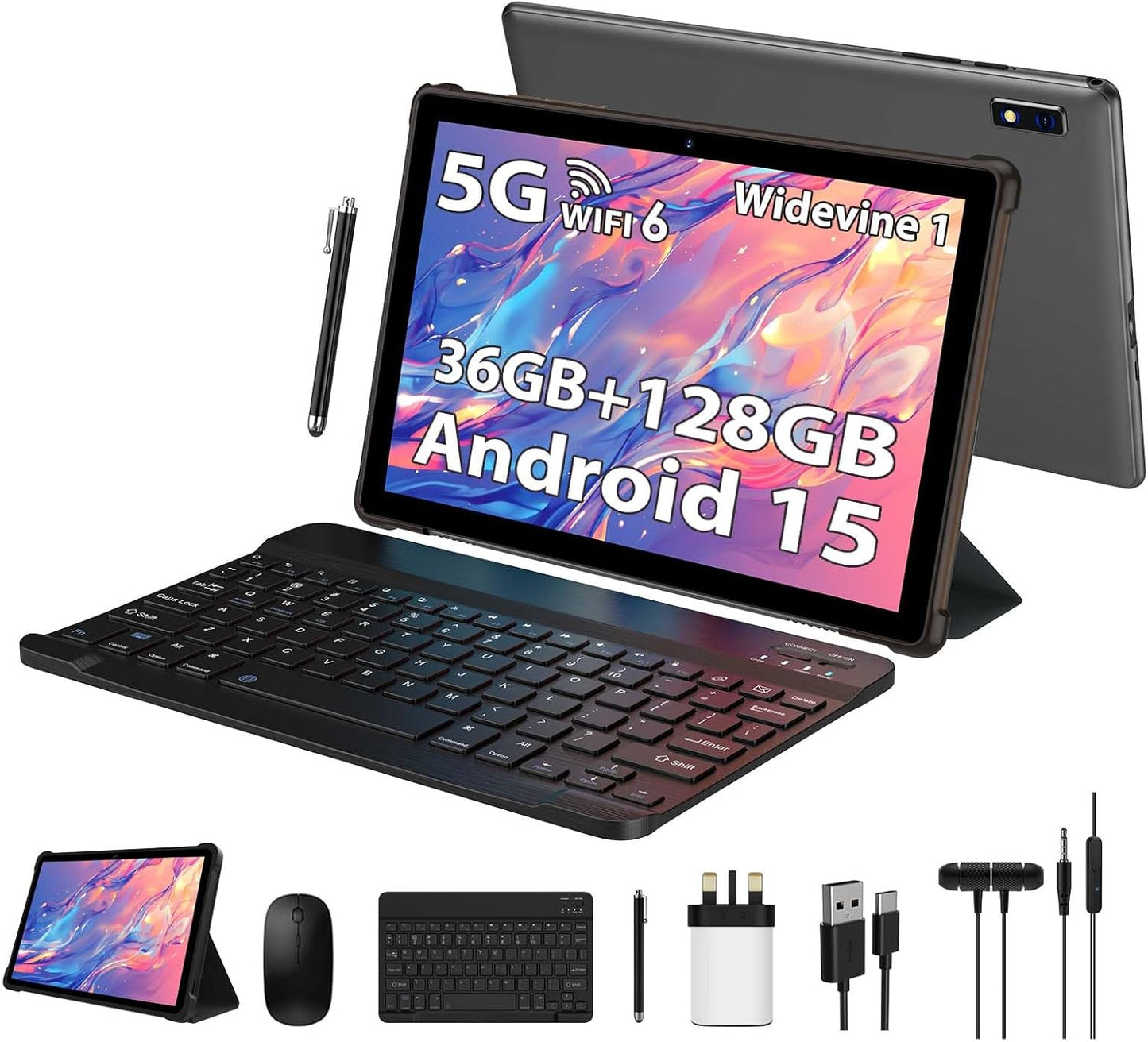 LINROM Tablet 10 Inch Android 15, 36GB RAM, 128GB ROM (TF 1TB), 1080P Widevine L1, 5G Wifi Octa-Core, 8000Mah, 5MP+8MP, Tablet with Keyboard|Mouse|Case|Earphone-Grey