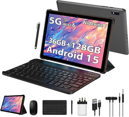 LINROM Tablet 10 Inch Android 15, 36GB RAM, 128GB ROM (TF 1TB), 1080P Widevine L1, 5G Wifi Octa-Core, 8000Mah, 5MP+8MP, Tablet with Keyboard|Mouse|Case|Earphone-Grey