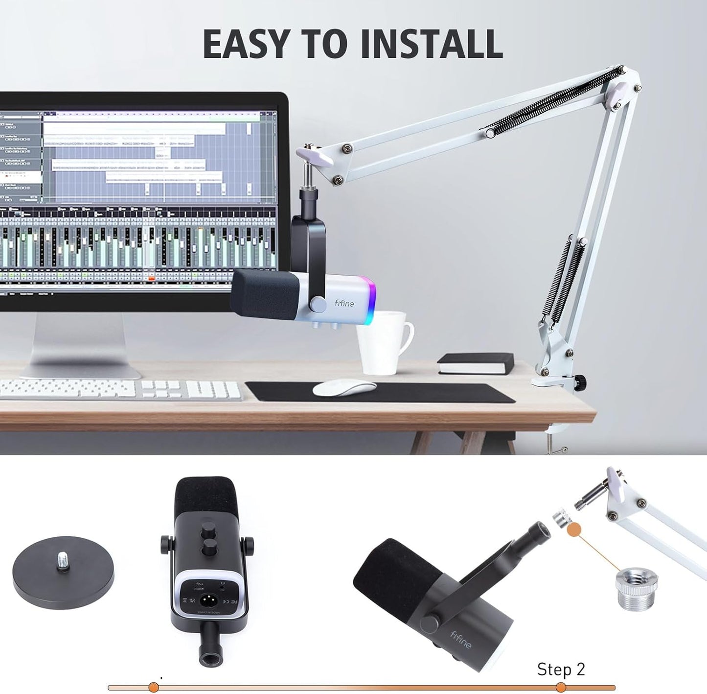 for Fifine AM8 White Boom Arm,Universal Microphone Boom Arm with 3/8" to 5/8" Screw Adapter Clip, Desk Clamp Studio Boom Arm Podcast Mic Arm, Compatible with Fifine AM8 and Most Microphones