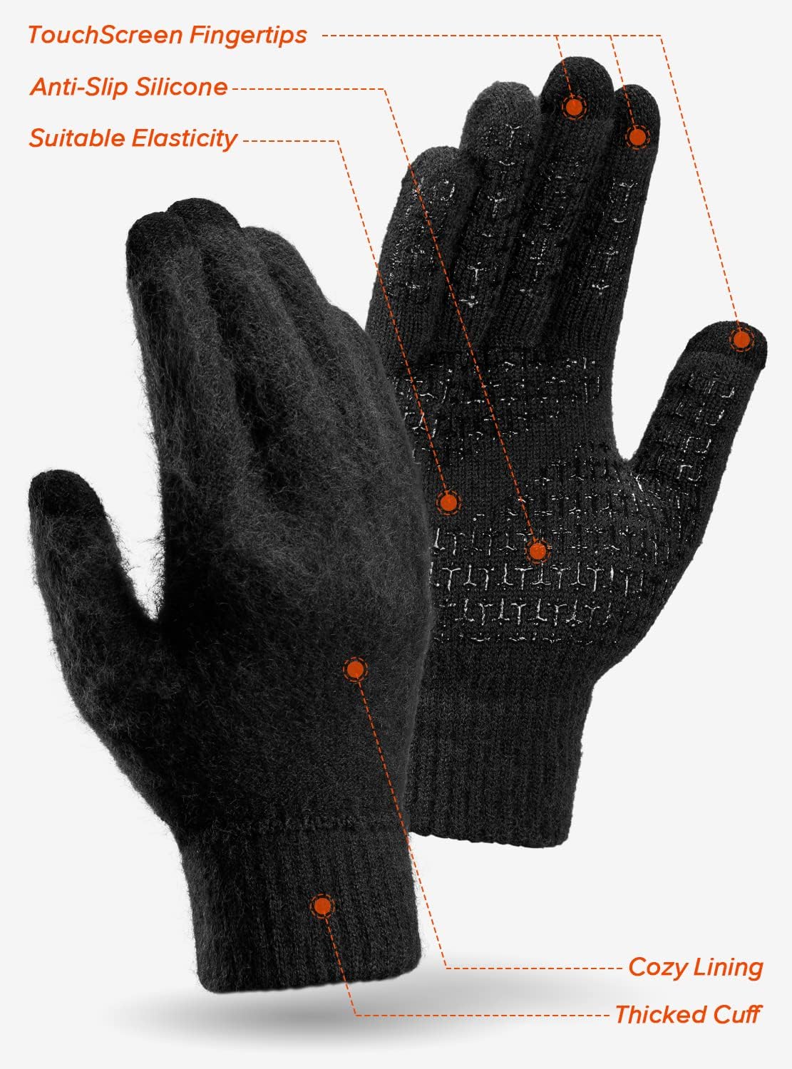 Soft Warm Touch Screen Winter Thermal Gloves Men Women, Non-Slip Grip, Elastic Cuff, Knit Stretchy Material