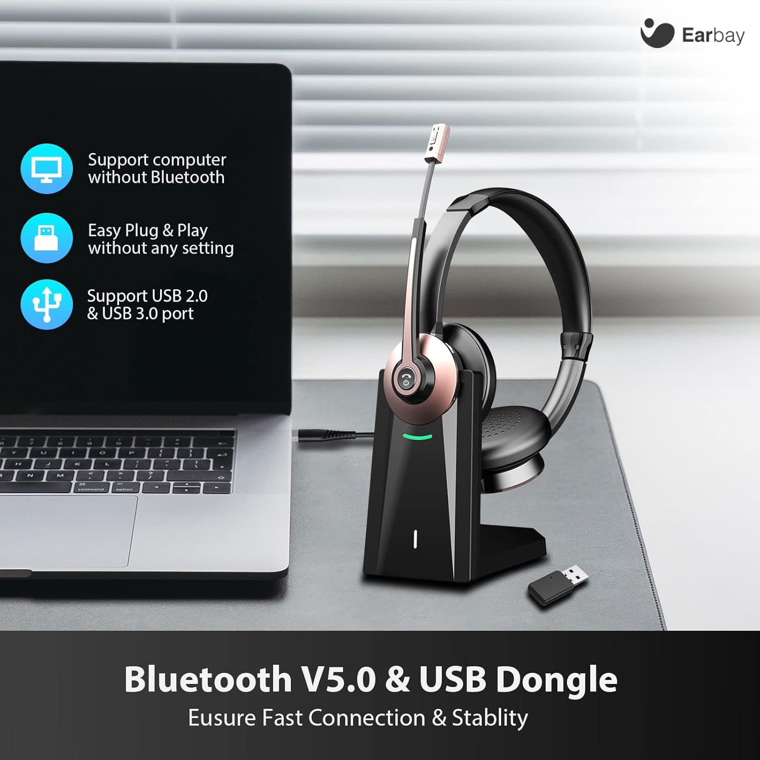 Wireless Headset, Bluetooth Headphones with Microphone Noise Canceling & USB Dongle, Office Headset with Charge Dock for Mobile Phone Computer Tablet Work Skype Zoom Conference Call Center