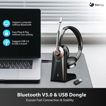 Wireless Headset, Bluetooth Headphones with Microphone Noise Canceling & USB Dongle, Office Headset with Charge Dock for Mobile Phone Computer Tablet Work Skype Zoom Conference Call Center