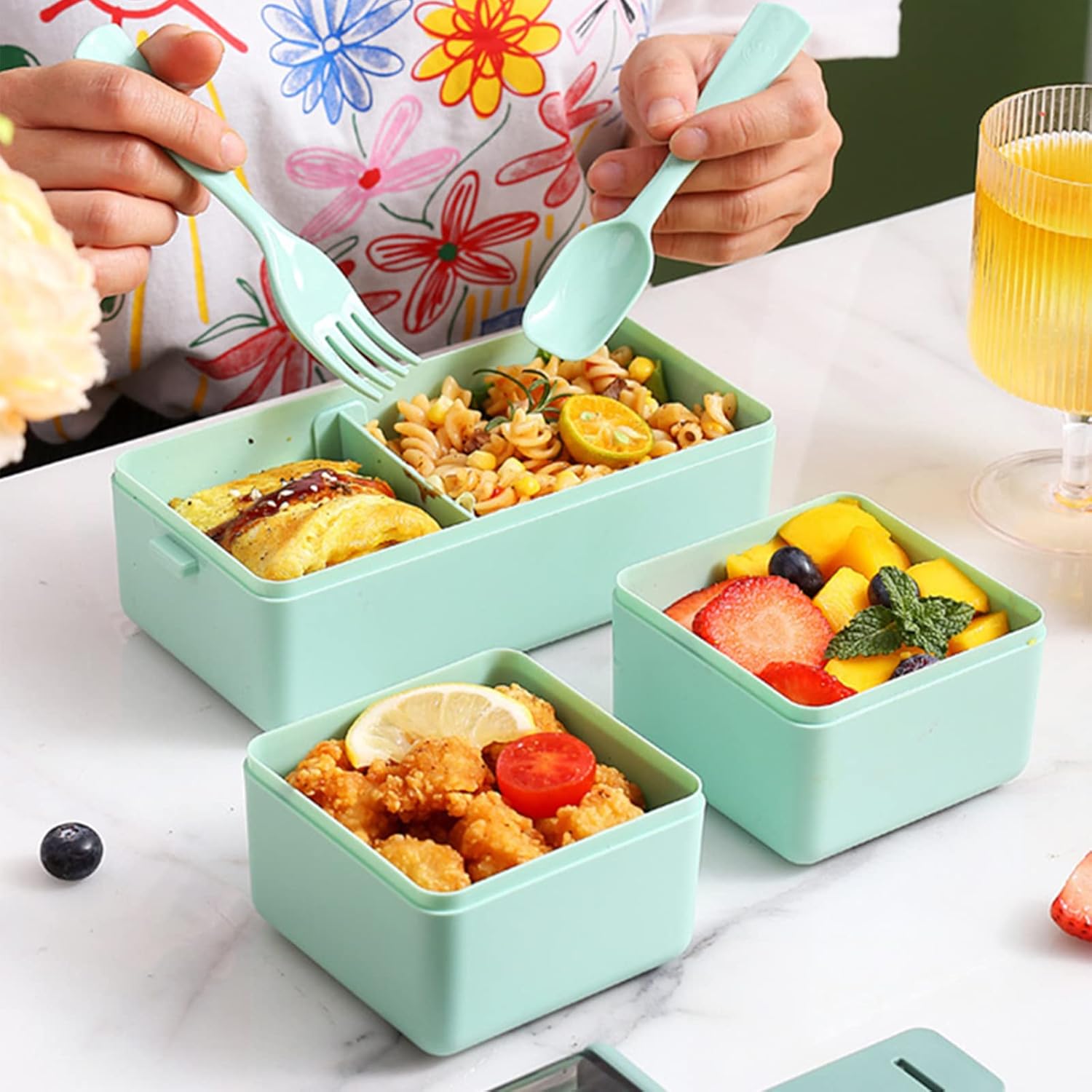 Jsdoin  Lunch Box Stackable,1400Ml Containers with 3 Removable Compartments and Cutlery, Leak Proof 2 Layer Boxes, for Adults Kids Office Microwave Dishwasher Safe Available (Green)