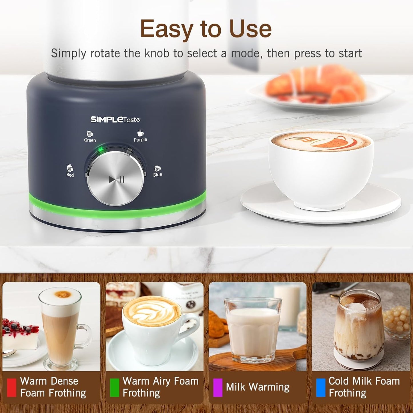 SIMPLETASTE Milk Frother, 4-In-1 Electric Milk Steamer,500Ml Automatic Warm and Cold Foam Maker and Milk Warmer for Latte, Cappuccinos, Macchiato