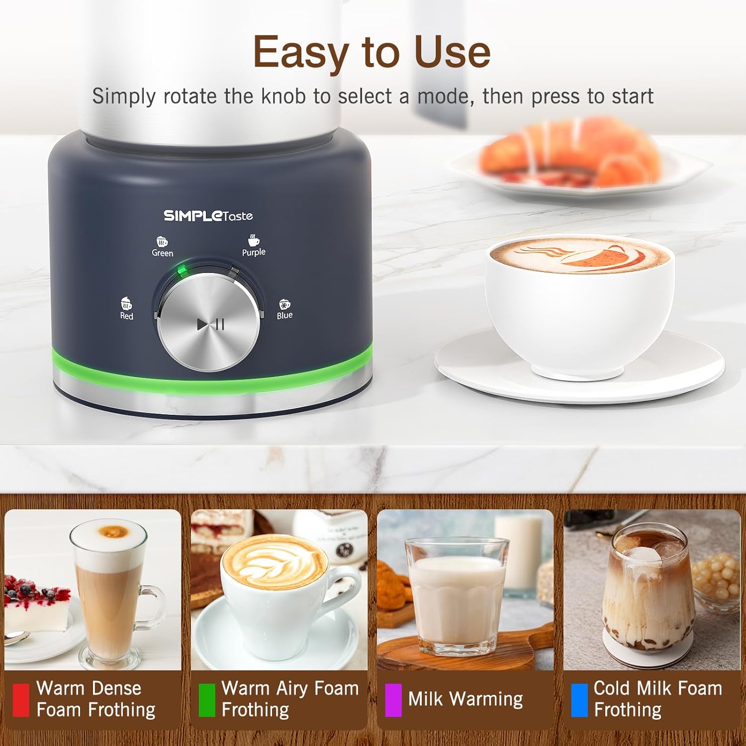 SIMPLETASTE Milk Frother, 4-In-1 Electric Milk Steamer,500Ml Automatic Warm and Cold Foam Maker and Milk Warmer for Latte, Cappuccinos, Macchiato