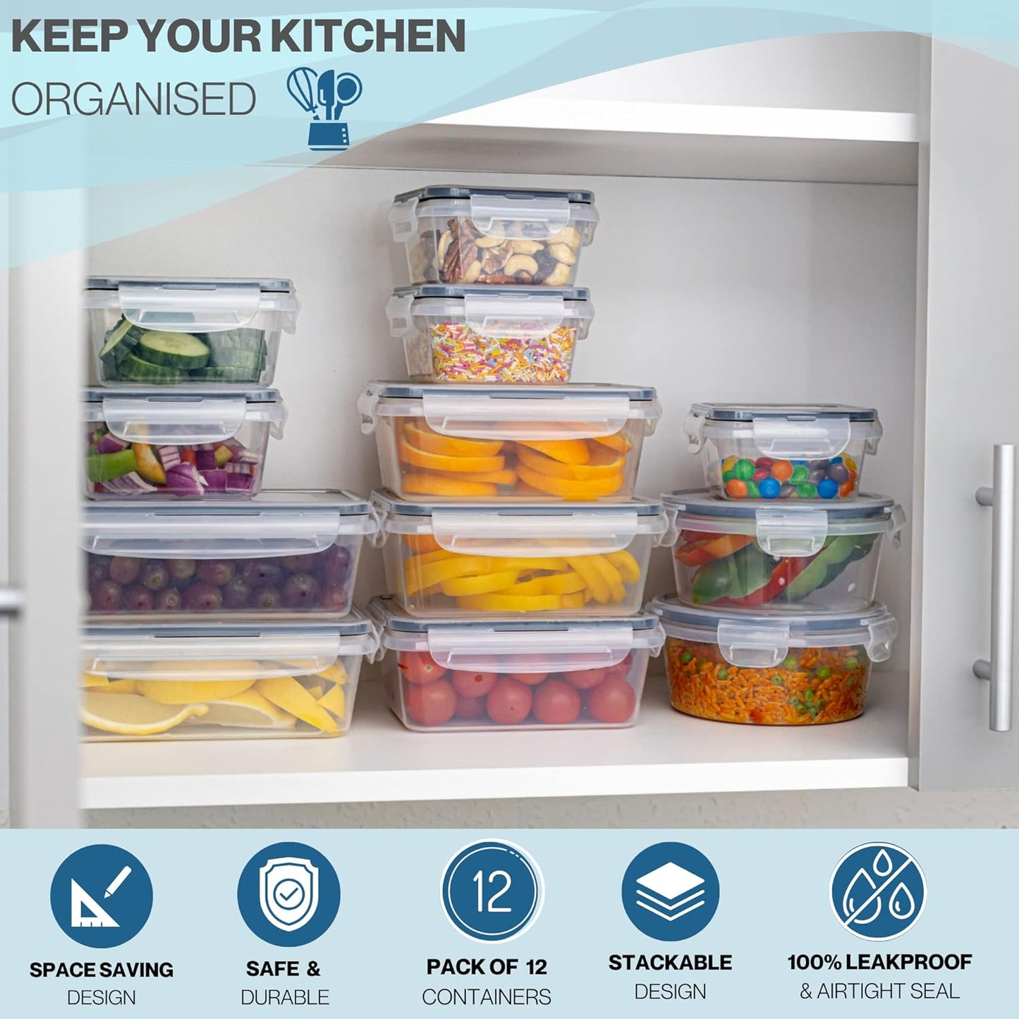 nuovva  Airtight Food Storage Containers Set – Plastic Food Containers with Lid – Leak Proof Pantry & Kitchen Containers – Meal Prep Sets with Lids – 24Pcs (12 Containers + 12 Lids)