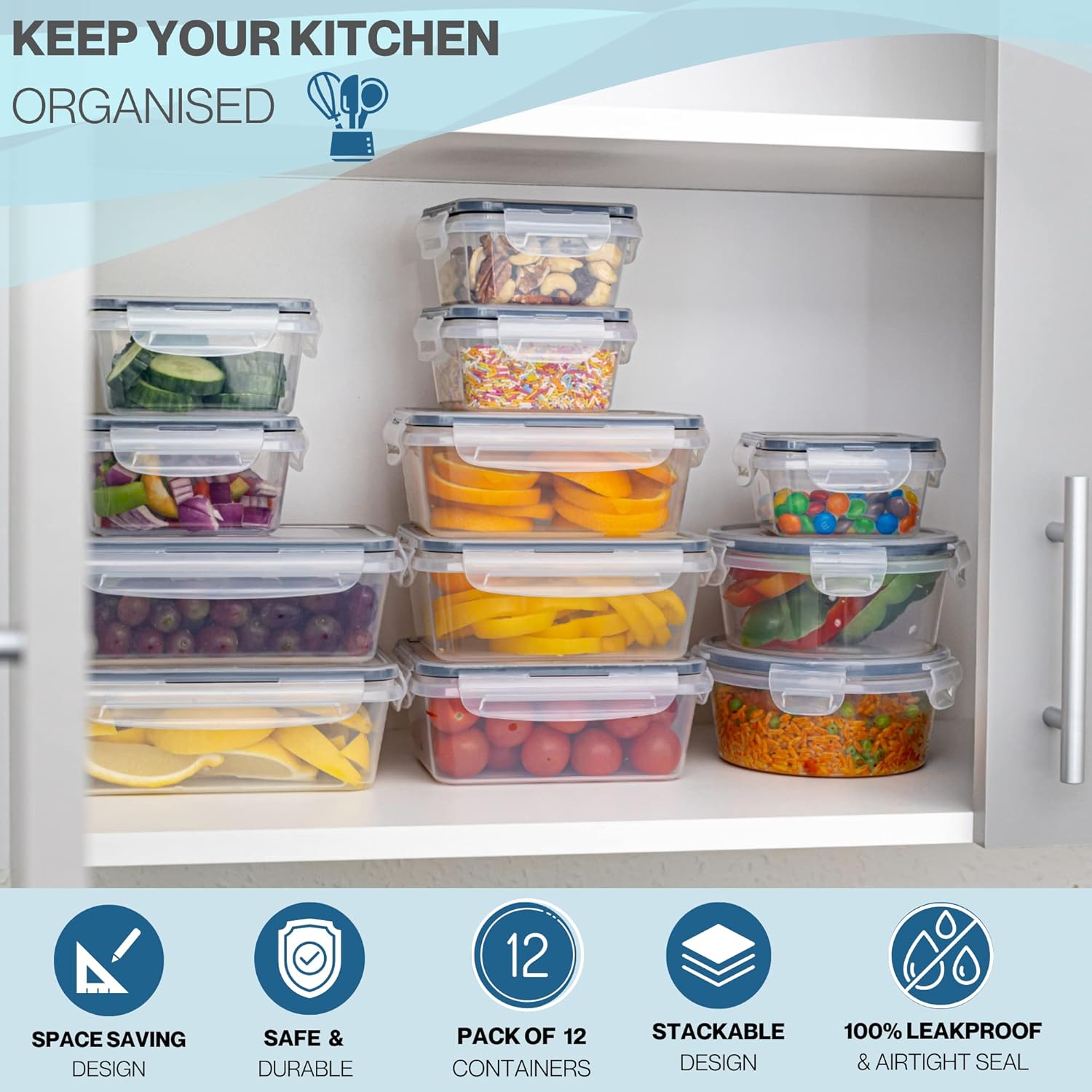 nuovva  Airtight Food Storage Containers Set – Plastic Food Containers with Lid – Leak Proof Pantry & Kitchen Containers – Meal Prep Sets with Lids – 24Pcs (12 Containers + 12 Lids)