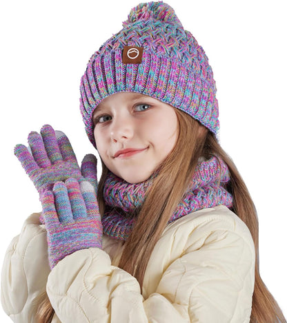 Kids Winter Hat Scarf and Gloves Set,Warm Thermal Knitted Beanie Cap Snood Neck Warmer Touchscreen Mitten with Soft Fleece Lining for Girls Boys Age 4-10