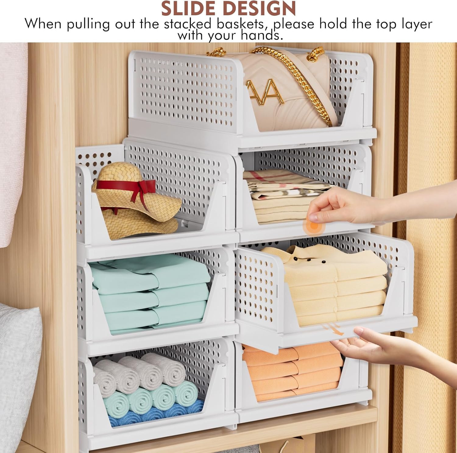 - Foldable Closet Organizer, 4 Pack Stackable Storage Boxes, Plastic Storage Baskets, Drawers for Bedroom, Kitchen and Bathroom Organization, White