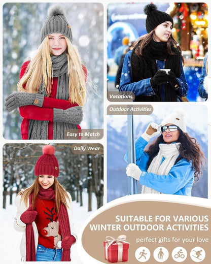 Hat Scarf and Gloves Set Ladies, Winter Beanie Hat for Women with Pom Pom Fleece Lined Warm, Bobble Hat Touchscreen Gloves Women Scarf Neck Warmer 3 in 1 Cold Weather Set