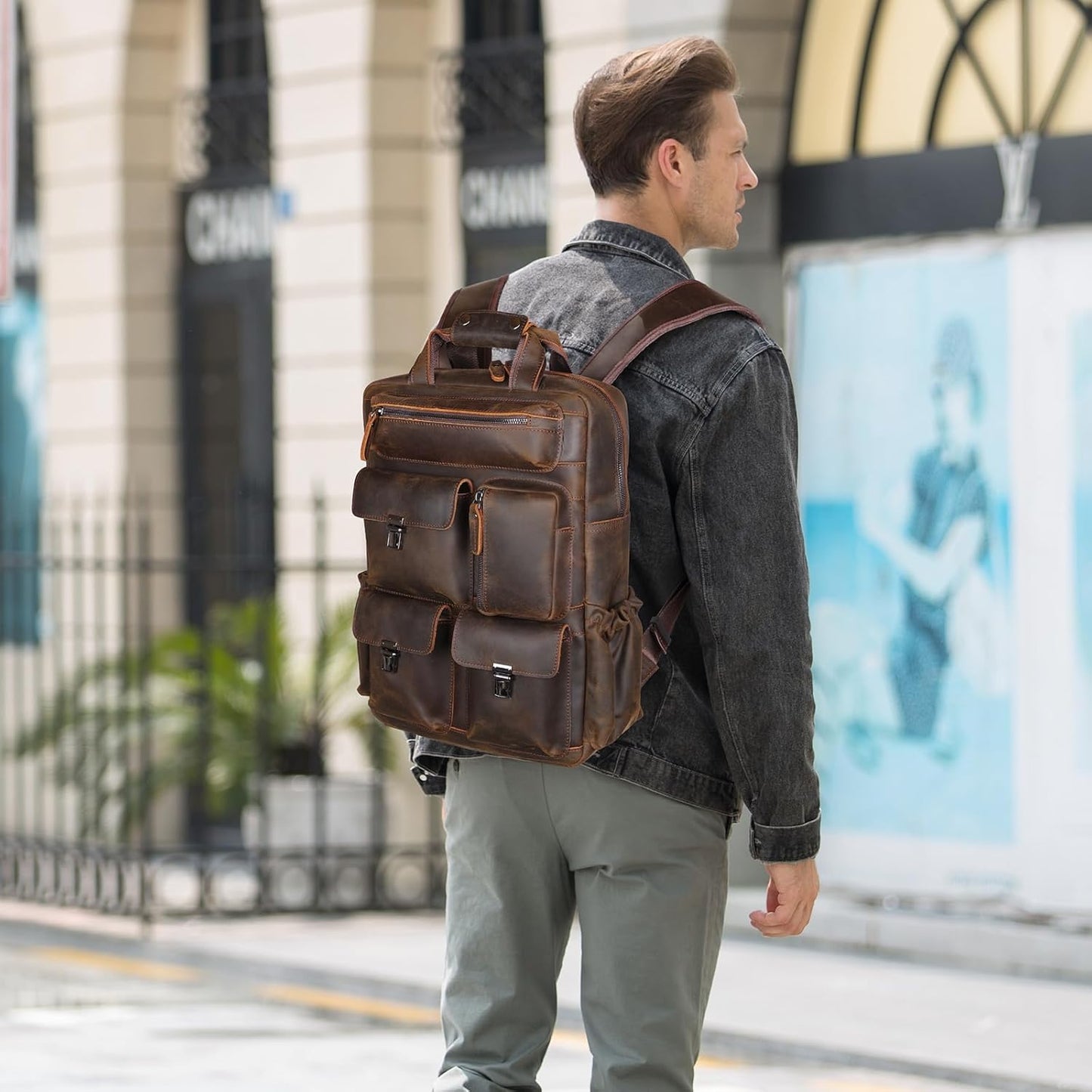 Vintage Leather Backpack for Men Travel Rucksack with Multi Pockets 15.6" Laptop Bag Casual Daypack, Brown