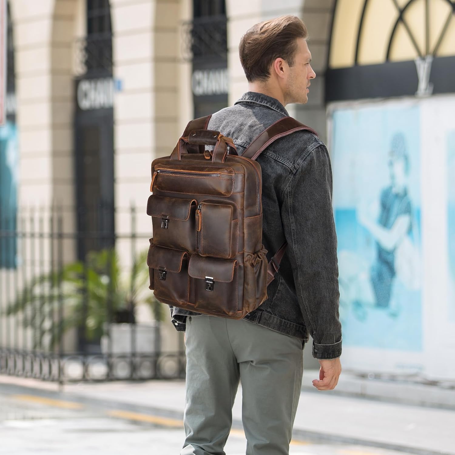 Vintage Leather Backpack for Men Travel Rucksack with Multi Pockets 15.6" Laptop Bag Casual Daypack, Brown