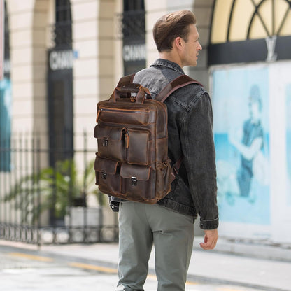 Vintage Leather Backpack for Men Travel Rucksack with Multi Pockets 15.6" Laptop Bag Casual Daypack, Brown
