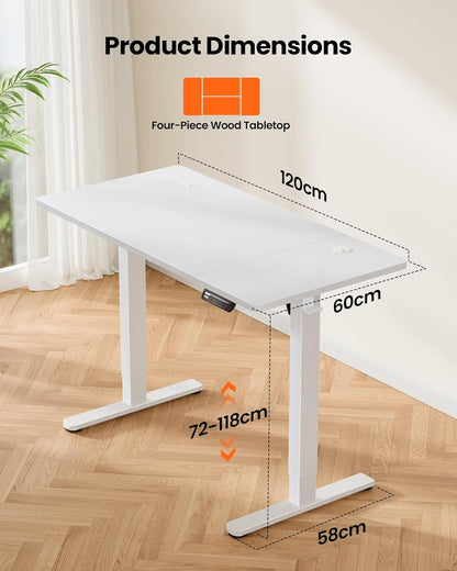 Electric Standing Desk Height Adjustable 120 X 60Cm, Sit Stand Desk with 4 Memory Smart Pannel, Home Office Desk with Splice Board