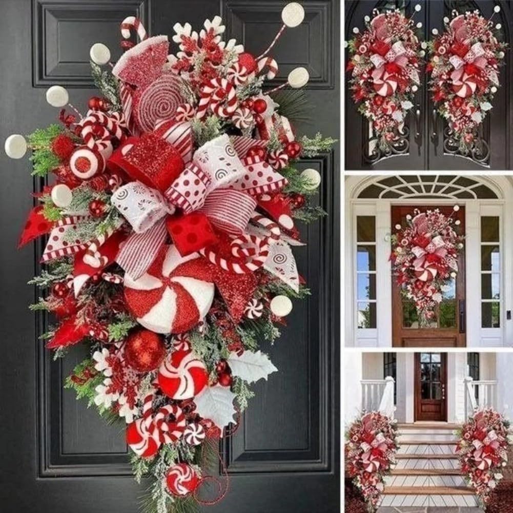 1 Piece Christmas Cane Wreath as Shown Plastic+Metal 12X24 Inch for Front Door Christmas Stairway Decorations Christmas Wreath for Indoor Decor