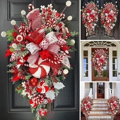 1 Piece Christmas Cane Wreath as Shown Plastic+Metal 12X24 Inch for Front Door Christmas Stairway Decorations Christmas Wreath for Indoor Decor