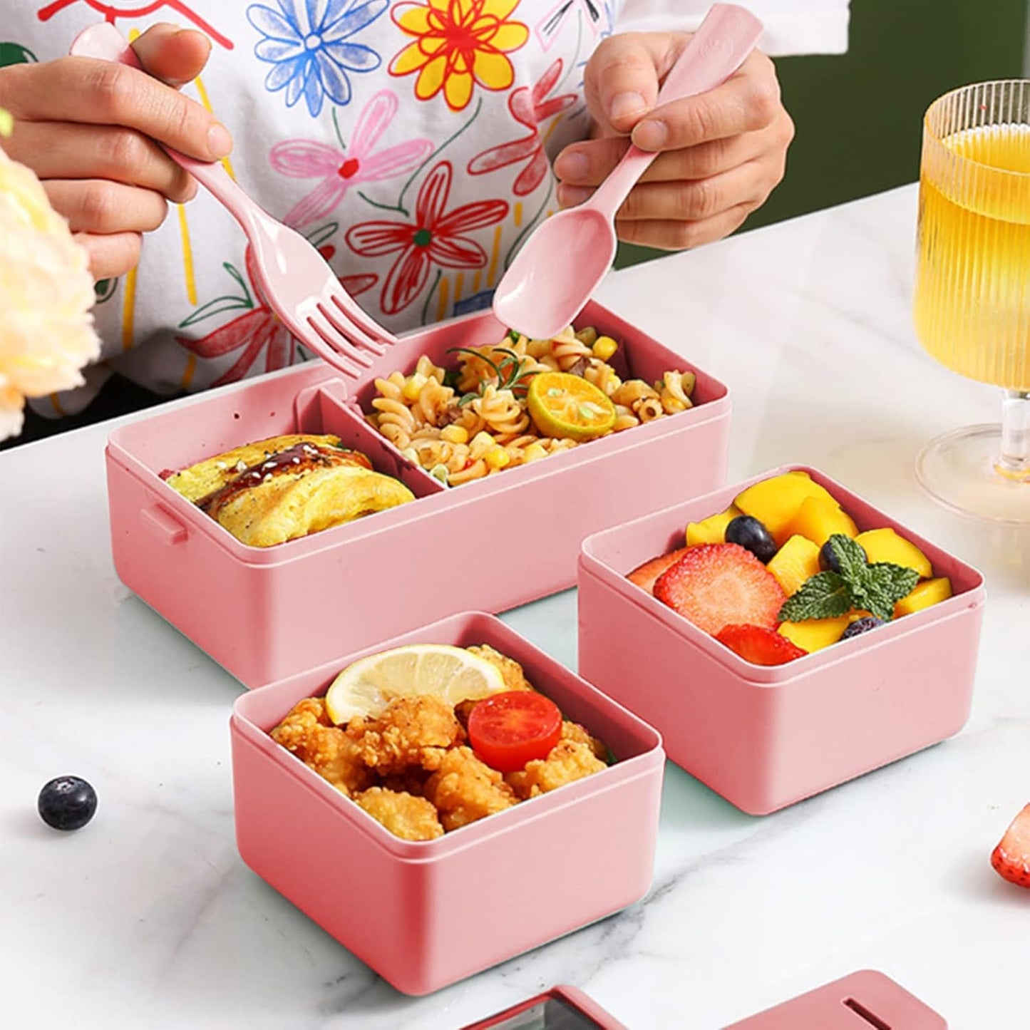 Jsdoin Lunch Box Stackable,1400Ml Containers with 3 Removable Compartments and Cutlery, Leak Proof 2 Layer Boxes, for Adults Kids Office Microwave Dishwasher Safe Available(Pink)
