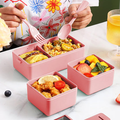 Jsdoin Lunch Box Stackable,1400Ml Containers with 3 Removable Compartments and Cutlery, Leak Proof 2 Layer Boxes, for Adults Kids Office Microwave Dishwasher Safe Available(Pink)