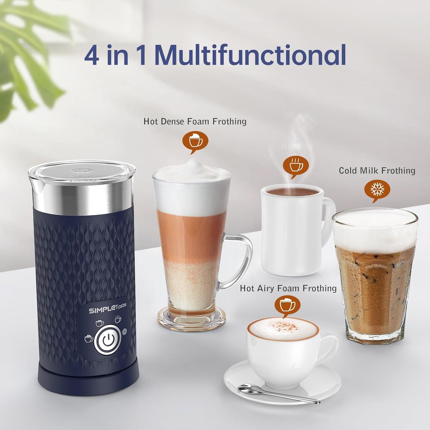 SIMPLETASTE Electric Milk Frother, Automatic Frother and Milk Steamer, 4-In-1 Electric Milk Steamer, Hot and Cold Foam Maker for Coffee, Cappuccinos, Macchiato, Latte