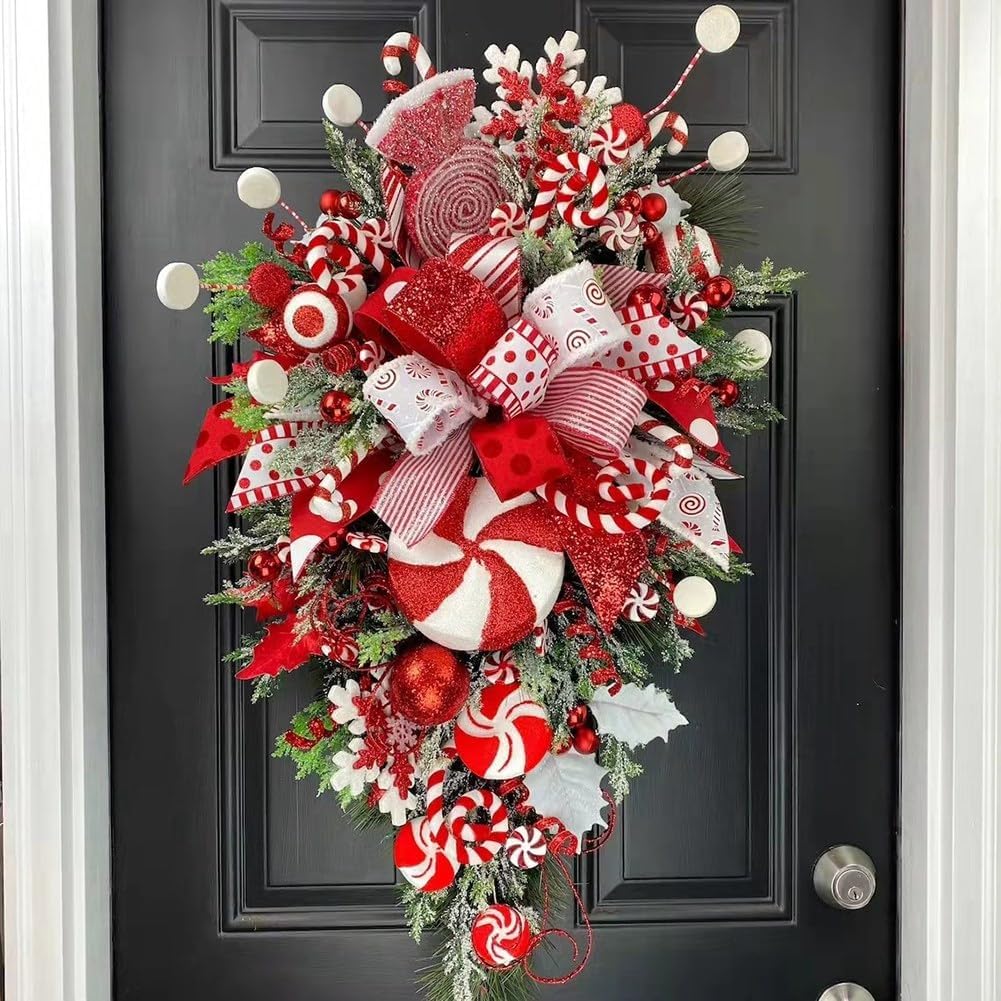 1 Piece Christmas Cane Wreath as Shown Plastic+Metal 12X24 Inch for Front Door Christmas Stairway Decorations Christmas Wreath for Indoor Decor