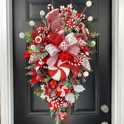 1 Piece Christmas Cane Wreath as Shown Plastic+Metal 12X24 Inch for Front Door Christmas Stairway Decorations Christmas Wreath for Indoor Decor