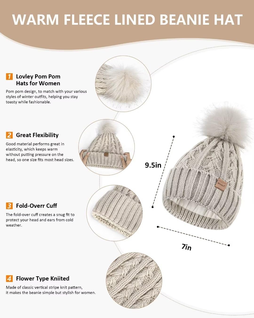Hat Scarf and Gloves Set Ladies, Winter Beanie Hat for Women with Pom Pom Fleece Lined Warm, Bobble Hat Touchscreen Gloves Women Scarf Neck Warmer 3 in 1 Cold Weather Set