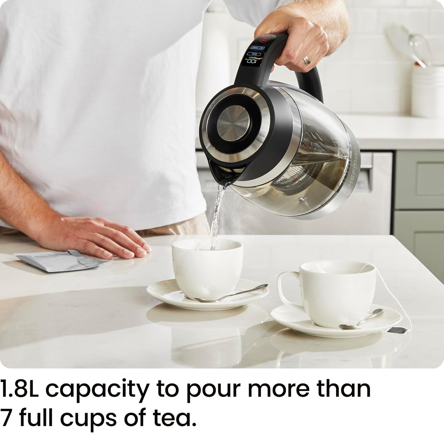 Chefman  Kettle for Boiling Water, 1.8L 1500W, Hot Water in 3 Minutes, LED Lights, Auto Shut-Off, Boiling and Drying Protection, Glass Electric Kettle (Temperature Control)