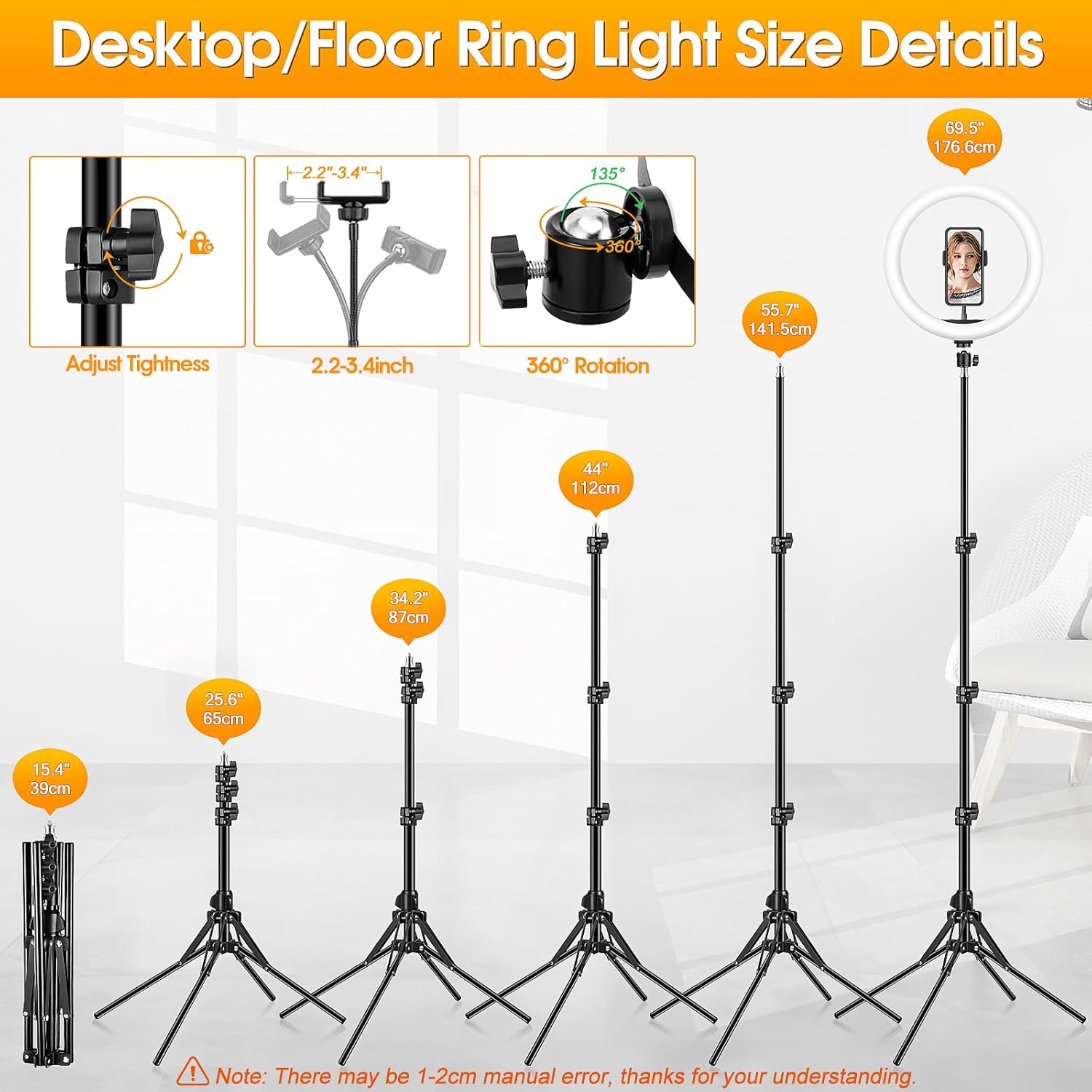 11.5'' Ring Light with Tripod Stand & Phone Holder Tall,  LED Professional Selfie Circle Ringlight with Remote for Makeup Youtube, Floor/Desk USB Halo Lamp with 40 RGB Modes 13 Brightness