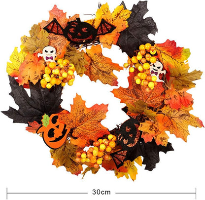 Artificial Maple Leaf Berries Pumpkin Pine Cone Garland Autumn Winter Front Door Wreath Pendant Decor for Christmas Halloween
