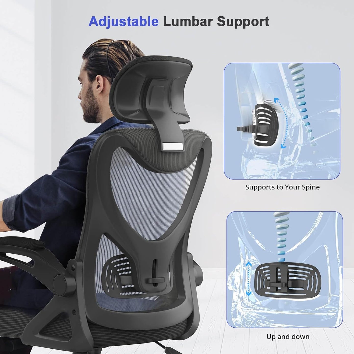 Office Chair - Ergonomic Desk Chair with Lumbar Support Headrest Adjustable, Padded Flip-Up Armrests Comfy Seat Cushion High Back Executive Manager Chair for Home Office