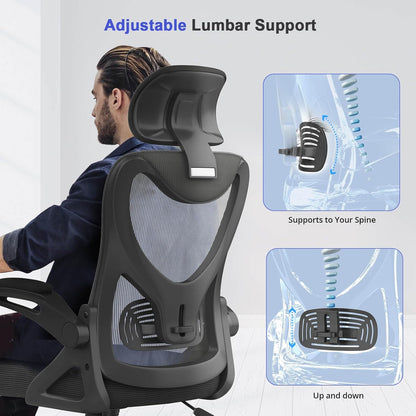 Office Chair - Ergonomic Desk Chair with Lumbar Support Headrest Adjustable, Padded Flip-Up Armrests Comfy Seat Cushion High Back Executive Manager Chair for Home Office