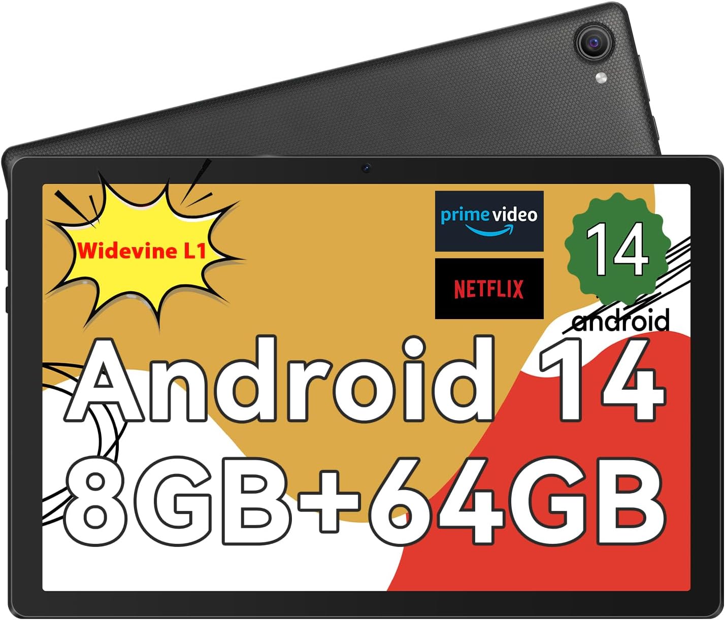 Whitedeer  10 Inch Octa-Core Processor Android 14 Tablet, Face ID丨OTG, 8GB+64GB/1TB TF, 1280*800丨5G Wifi丨Bt5.3丨Tab PC with Dual Camera 5MP+8MP, Support Split-Screen, 5000Mah, Widevine L1(Black)