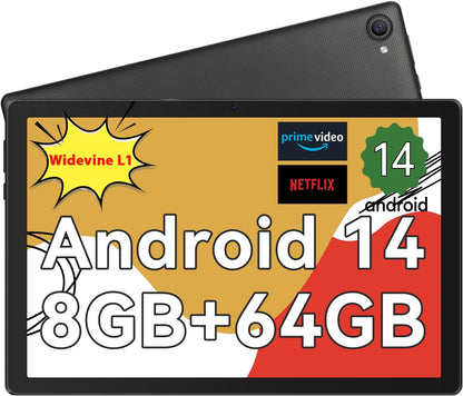 Whitedeer  10 Inch Octa-Core Processor Android 14 Tablet, Face ID丨OTG, 8GB+64GB/1TB TF, 1280*800丨5G Wifi丨Bt5.3丨Tab PC with Dual Camera 5MP+8MP, Support Split-Screen, 5000Mah, Widevine L1(Black)