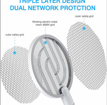 2 in 1 Electric Mosquito Swatter & Bug Zapper | USB Rechargeable 3000V Fly Killer with Strong Light & Safety Protection Net, Child & Pet Friendly for Home, Garden, Camping