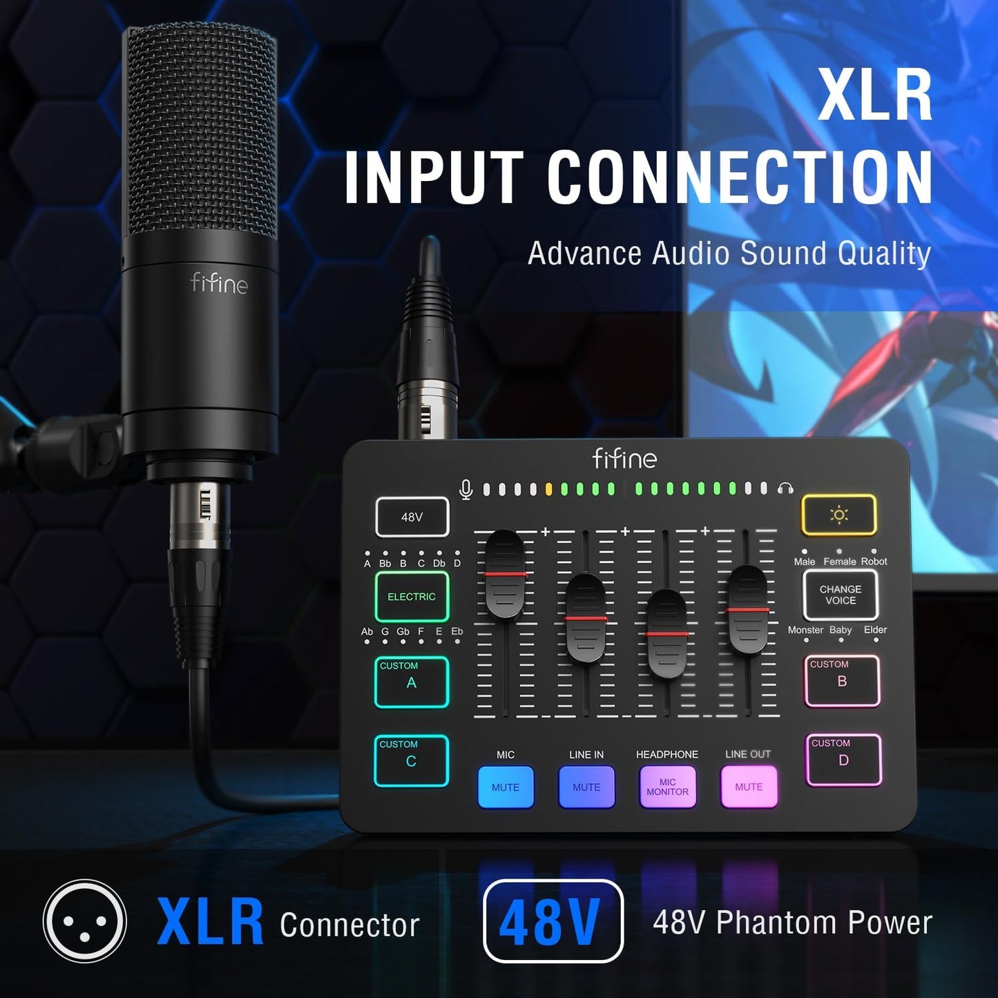Gaming Audio Mixer for Streaming, RGB PC Audio Interface, DJ Mixer with XLR Microphone Interface Volume Fader Individual Channel Design, Customized Soundboard for Podcast, Recording, Vocal-Sc3