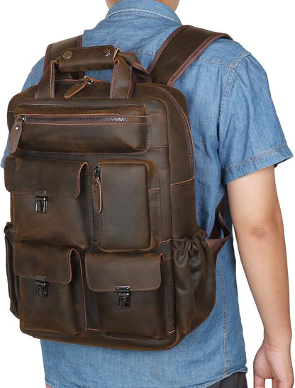 Vintage Leather Backpack for Men Travel Rucksack with Multi Pockets 15.6" Laptop Bag Casual Daypack, Brown