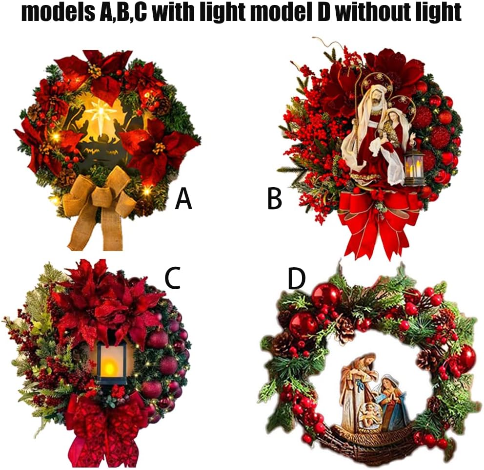 Christmas Wreath with Led Light Sacred Christmas Wreath Retro Red Christmas Wreath, Artificial Wreath Flocked with Mixed Decorations for Window, Porch, Wall Mantel (C)