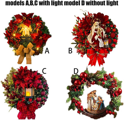 Christmas Wreath with Led Light Sacred Christmas Wreath Retro Red Christmas Wreath, Artificial Wreath Flocked with Mixed Decorations for Window, Porch, Wall Mantel (C)