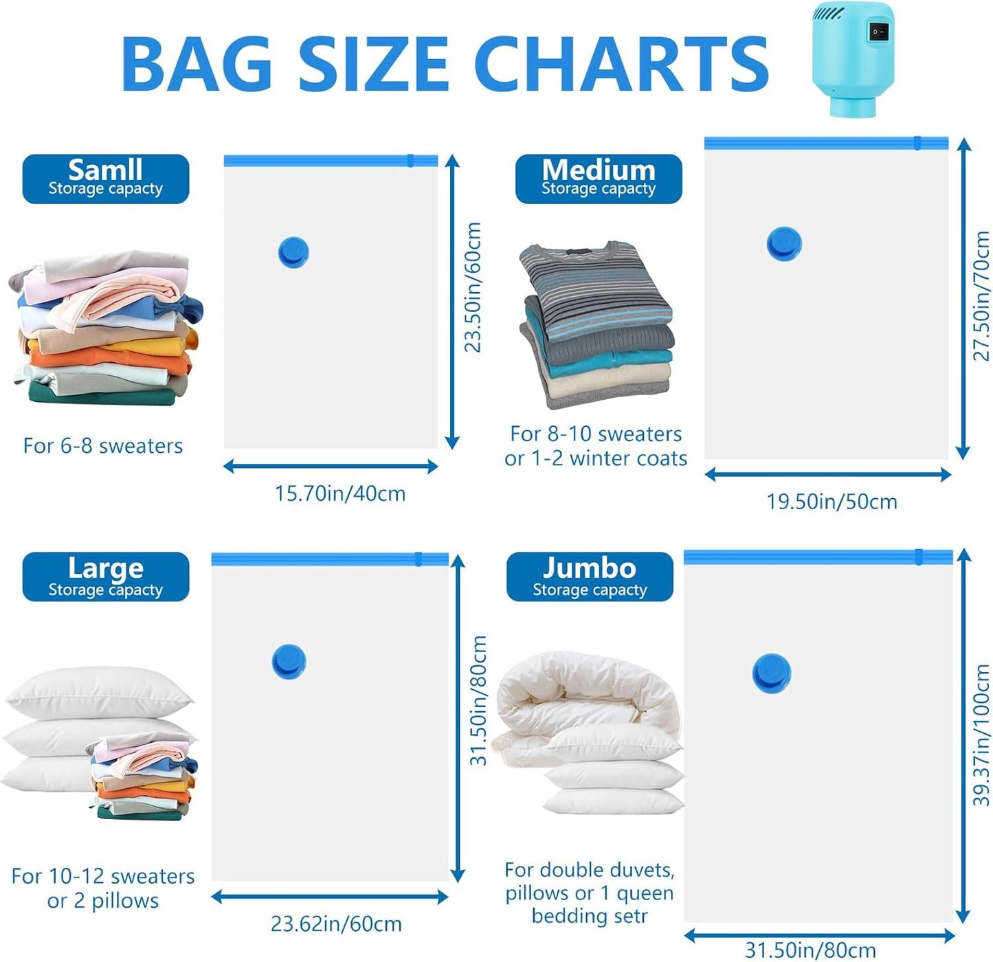 Vacuum Storage Bags 10 Pack with Electric Pump, 2XL+2L+2M+4S Reusable Vacuum Bags for Storage for Bedding Pillows, Moving and Travel, Space Saver