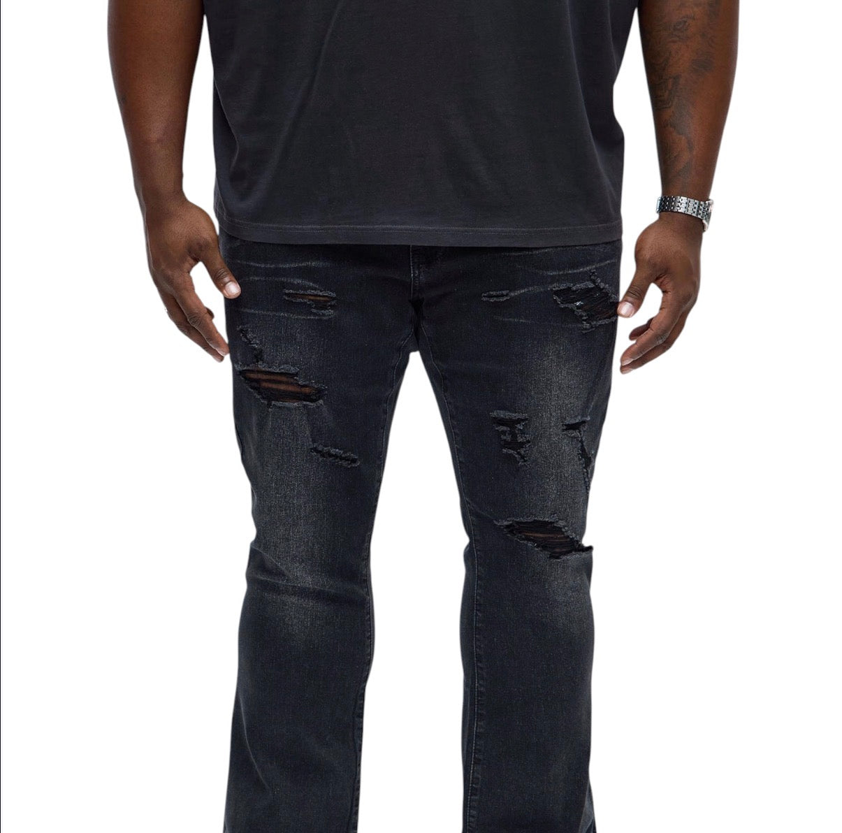 Stacked Skinny Flare Slit Let’s Go Distressed Jeans Black Wash