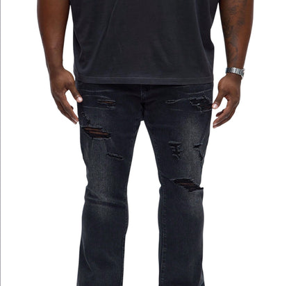 Stacked Skinny Flare Slit Let’s Go Distressed Jeans Black Wash