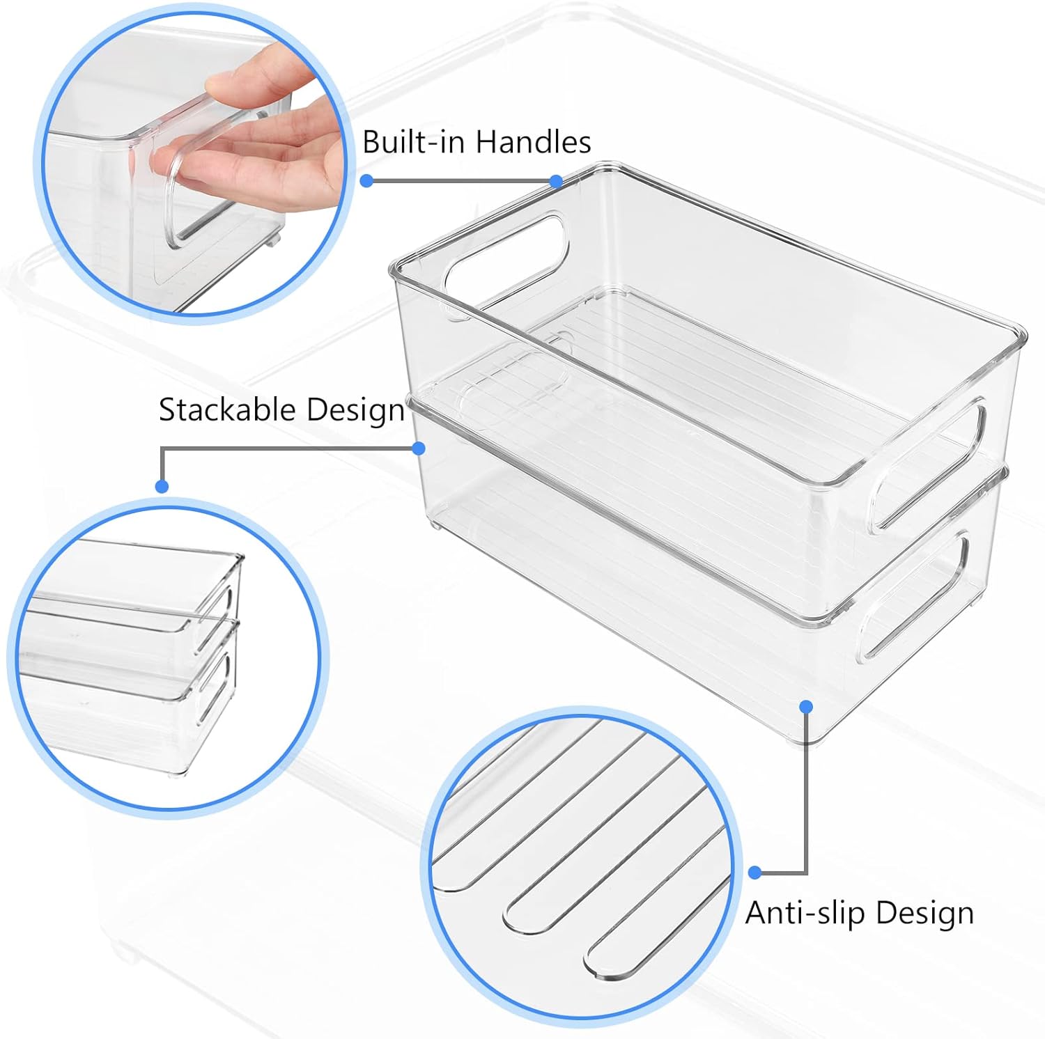 Fridge Organiser, Stackable, Storage Box, Kitchen Organiser, Pantry Storage Container, Transparent Container for Fridge, Kitchens, Cabinets (Pack of 6)