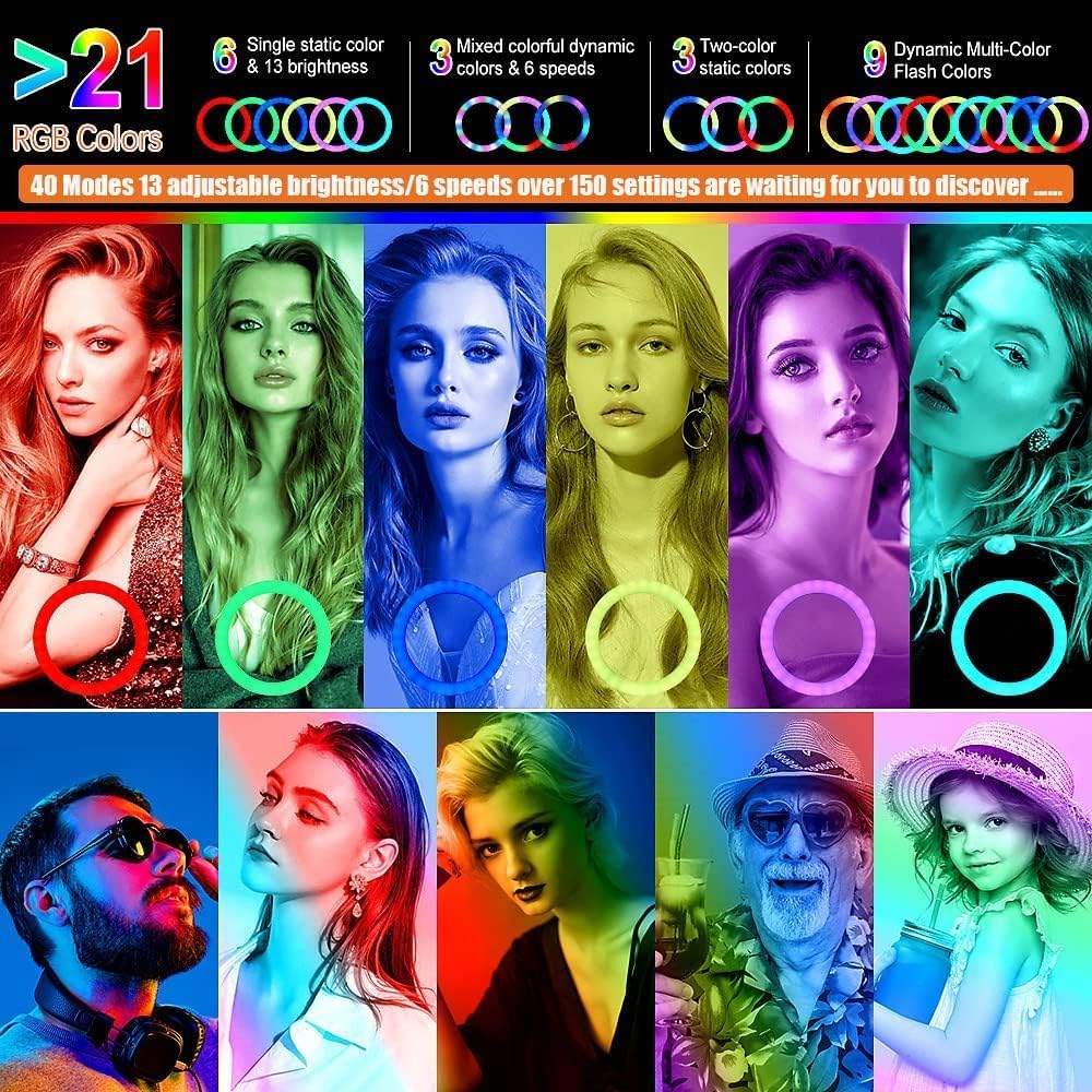 11.5'' Ring Light with Tripod Stand & Phone Holder Tall,  LED Professional Selfie Circle Ringlight with Remote for Makeup Youtube, Floor/Desk USB Halo Lamp with 40 RGB Modes 13 Brightness