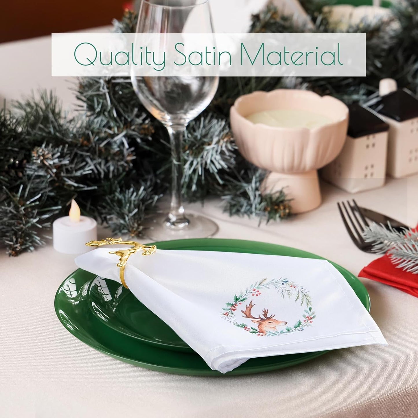 12 Pcs 43 X 43 Cm Christmas Napkins Soft Comfortable Cloth Napkin Reusable Satin Table Napkin for Home, Restaurants, Parties(Garland Deer)