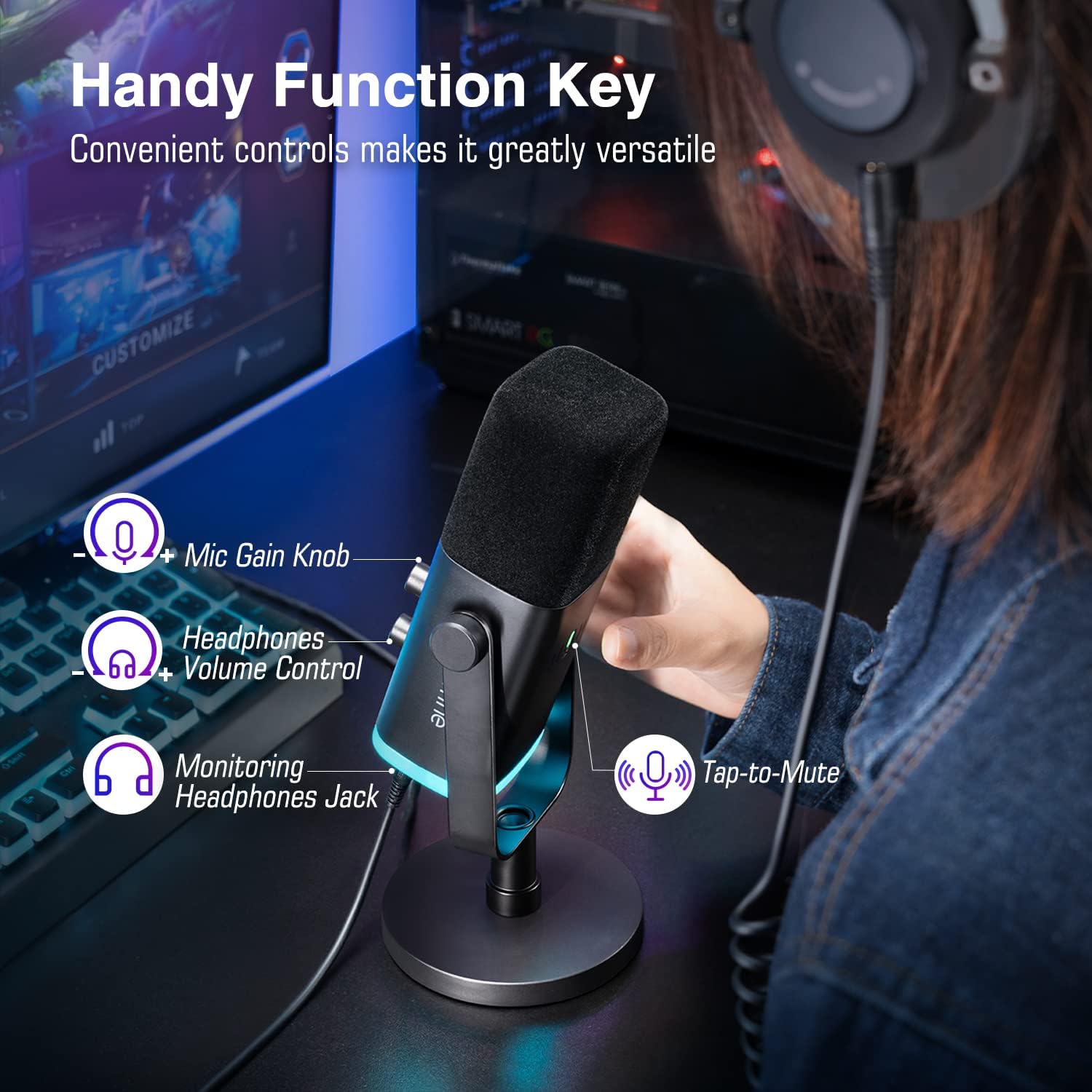 XLR/USB Gaming Microphone, Studio Dynamic Streaming Mic, Computer Desktop Stand Microphone for Podcast, Voiceover, Recording, with RGB, Mute, Monitoring Headphone Jack, Gain Knob, Black-Am8