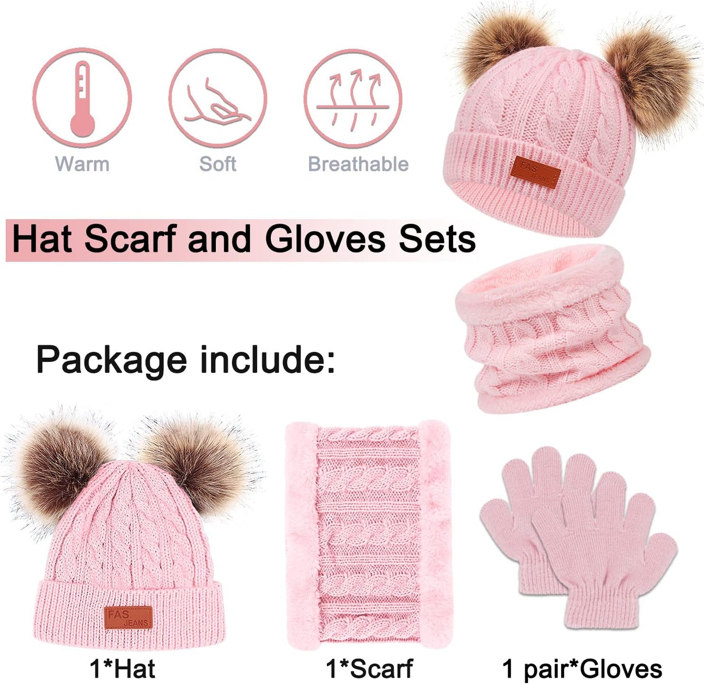 Kids Winter Beanie Hat Scarf Gloves Set 3 In1, 3Pcs Knit Warm Toddler Winter Cap Gloves Neck Warmer for Boys Girls 1-6 Year, Winter Accessories Sets for Children Outdoor Sports