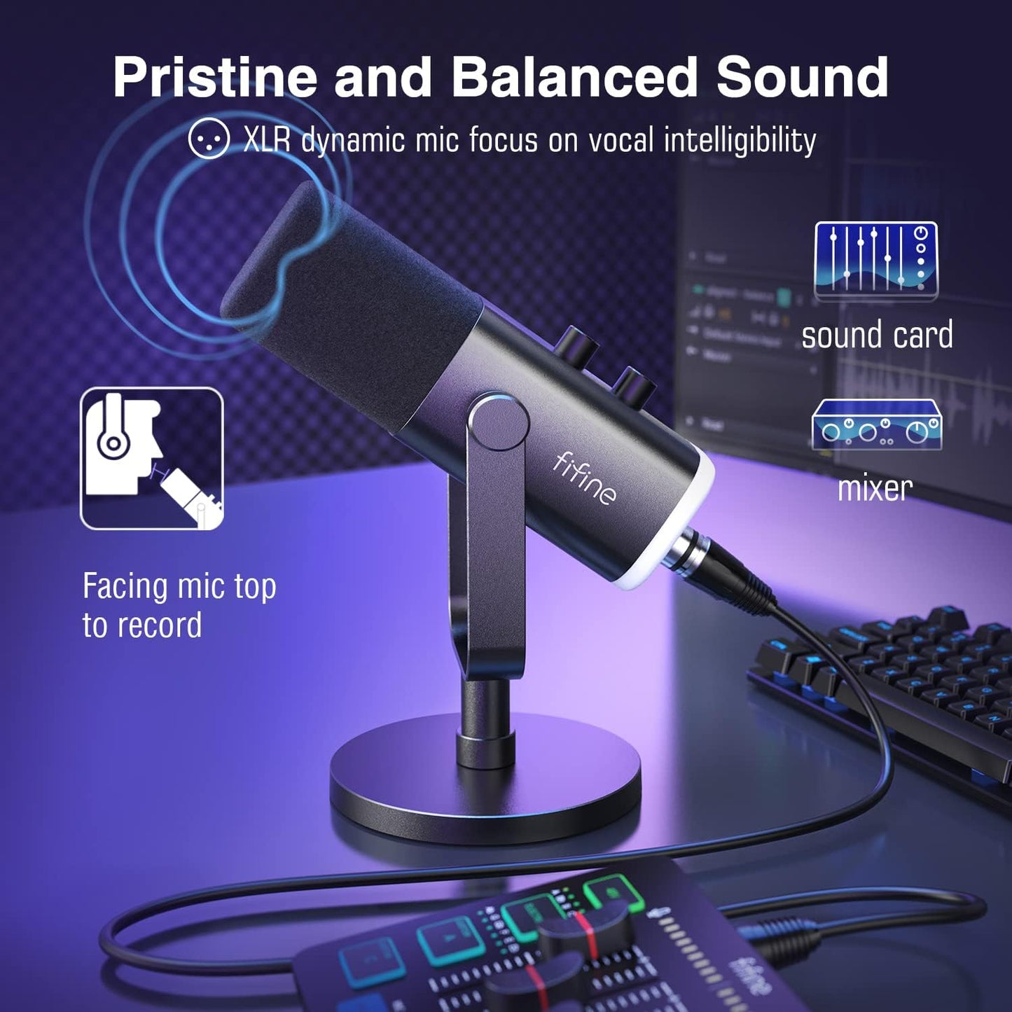XLR/USB Gaming Microphone, Studio Dynamic Streaming Mic, Computer Desktop Stand Microphone for Podcast, Voiceover, Recording, with RGB, Mute, Monitoring Headphone Jack, Gain Knob, Black-Am8
