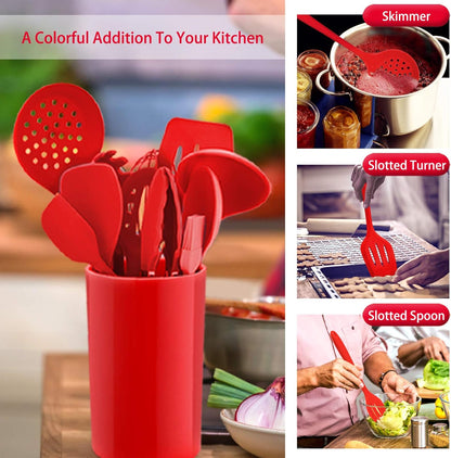 Kitchen Utensil Set,  12 Piece Cooking Utensils, Silicone Kitchen Utensils Set with Holder, Heat Resistant Kitchen Tools Include Spoons Turner Spatula Ladle Tong for Non-Stick Cookware, Red