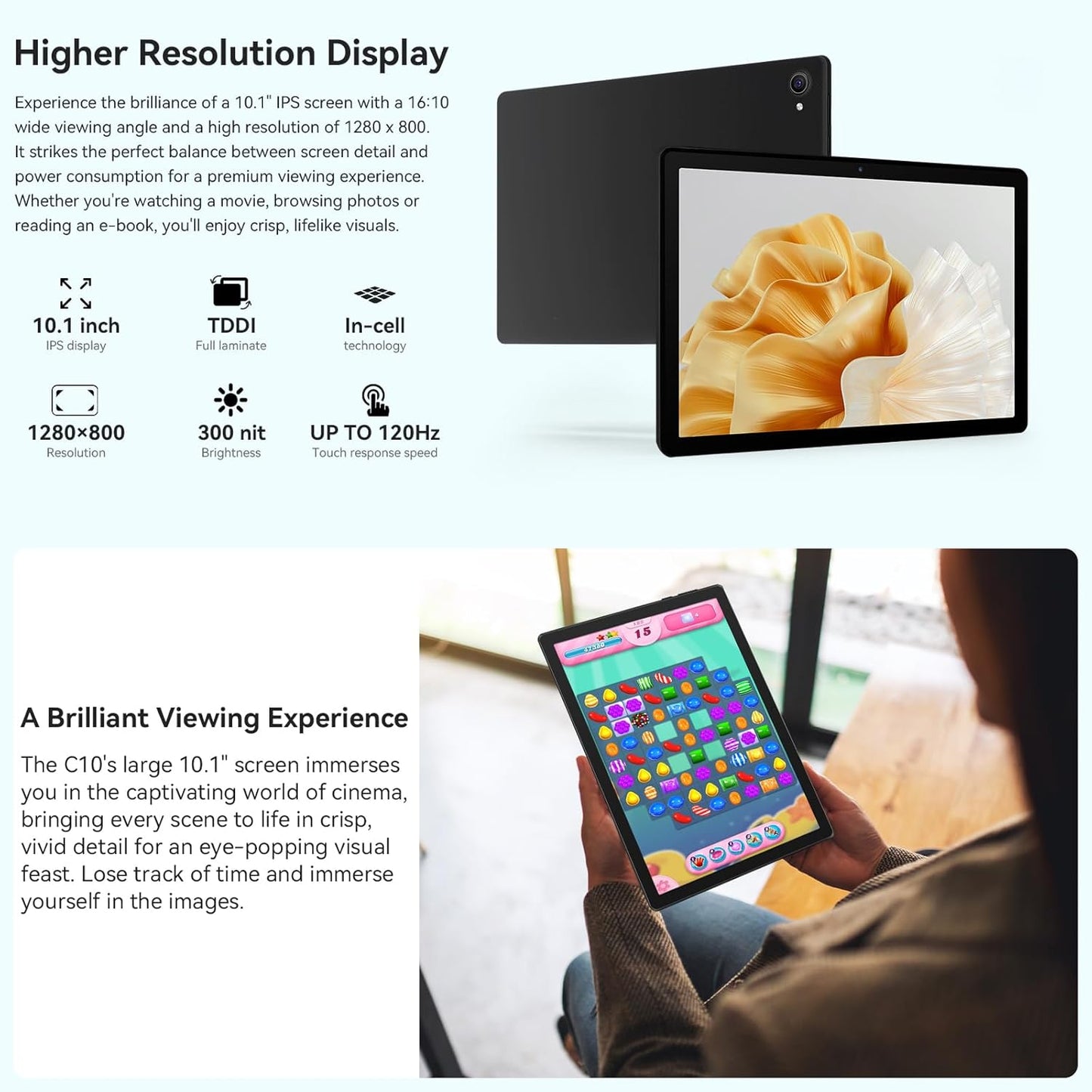 Whitedeer  10 Inch Octa-Core Processor Android 14 Tablet, Face ID丨OTG, 8GB+64GB/1TB TF, 1280*800丨5G Wifi丨Bt5.3丨Tab PC with Dual Camera 5MP+8MP, Support Split-Screen, 5000Mah, Widevine L1(Black)