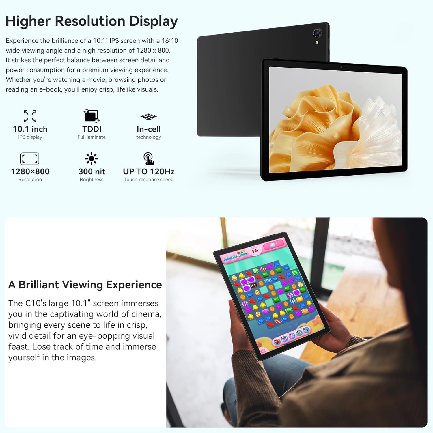 Whitedeer  10 Inch Octa-Core Processor Android 14 Tablet, Face ID丨OTG, 8GB+64GB/1TB TF, 1280*800丨5G Wifi丨Bt5.3丨Tab PC with Dual Camera 5MP+8MP, Support Split-Screen, 5000Mah, Widevine L1(Black)